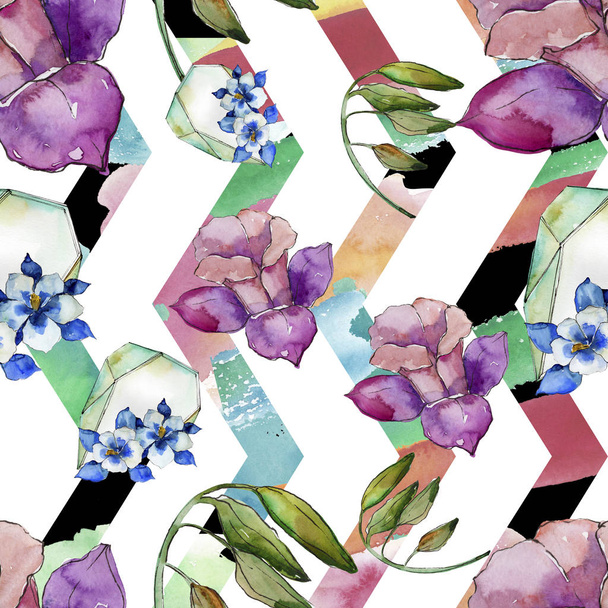 水彩のカラフルなオダマキの花。花植物の花。シームレスな背景パターン。壁紙印刷手触りの生地。背景、テクスチャ、ラッパー パターン、フレーム aquarelle ワイルドフラワー. - 写真・画像