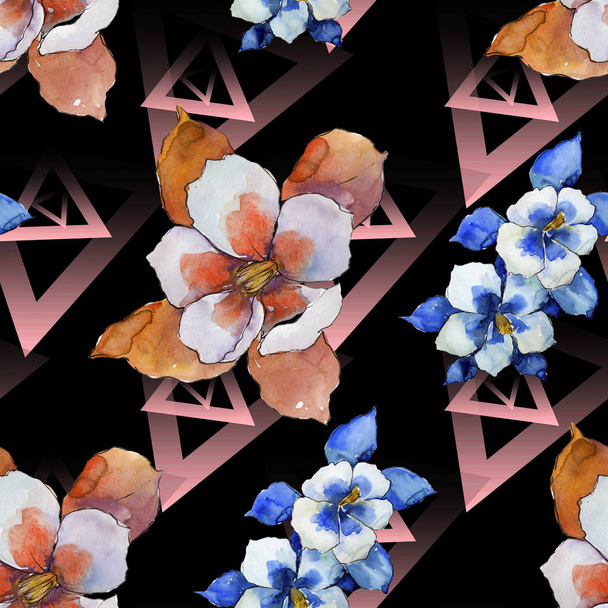 Akvarell színes aquilegia virág. Virágos botanikai virág. Varratmentes háttérben minta. Szövet nyomtatási textúrát. Az Aquarelle vadvirág, a háttér, a textúra, a burkoló minta, a keret. - Fotó, kép