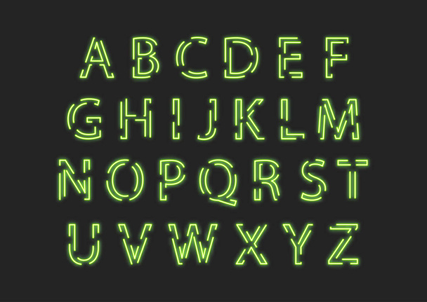 Neon uppercase green alphabet made of intermittent luminous contour. - Vektor, kép