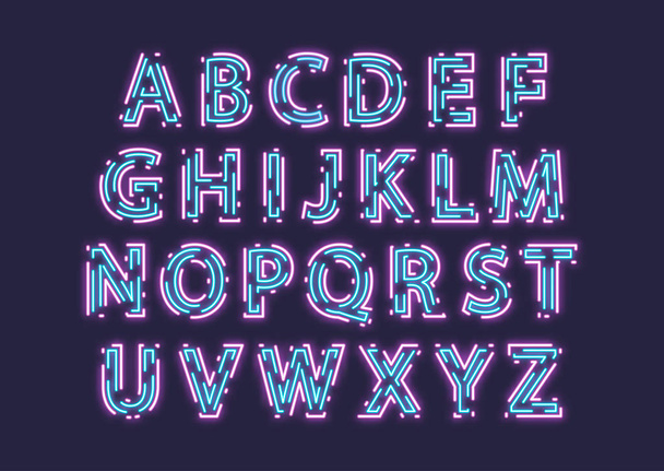 Neon uppercase slanted alphabet made of double intermittent luminous contour. - Vettoriali, immagini