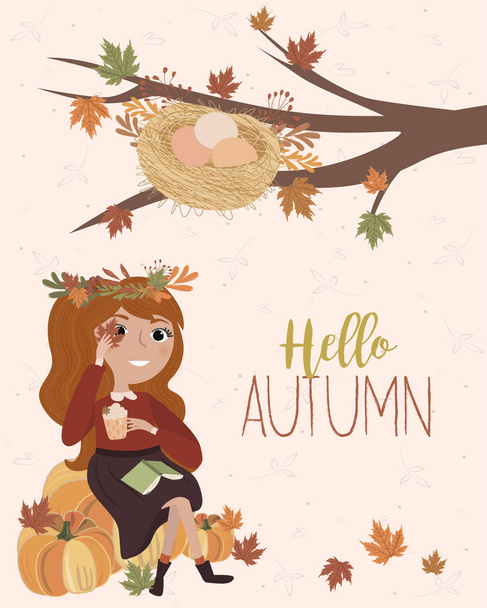 Hello autumn card with girl, leaves and pumpkin. Editable vector illustration - Vettoriali, immagini