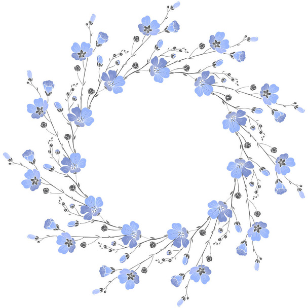 Wreath with flax flowers on a white background. Vector round frame  - Vector, Image