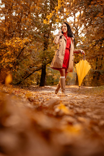 Mujer joven feliz en vestido rojo hablando en el teléfono inteligente en el parque de otoño
 - Foto, Imagen