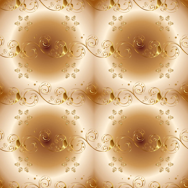Kerstmis, sneeuwvlok, Nieuwjaar 2019. Naadloze vintage patroon op beige, bruin en neutrale kleuren met gouden elementen. - Vector, afbeelding