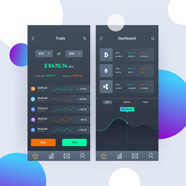 Cryptocurrencies trading, and exchange UI or UX concept for Mobile Apps.  - Wektor, obraz