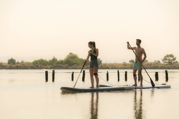 Man and woman stand up paddleboarding on lake. Young couple are doing watersport on lake. Male and female tourists during summer vacation. - Foto, immagini