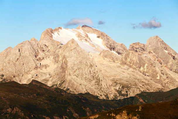 Marmolada peak Dolomites Apls in Italy, yellow light - Photo, Image