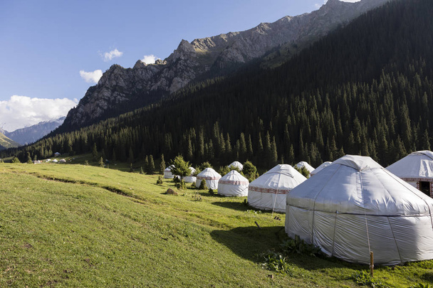 Yurt-kamp in de vallei van Altyn-Arashan in de buurt van Karakol in Kirgizië - Foto, afbeelding