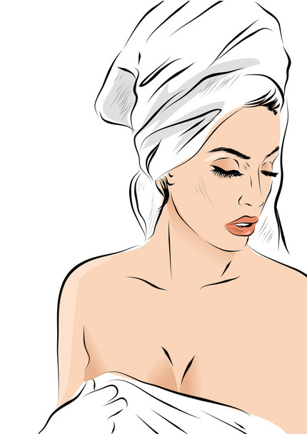 Hand drawn beautiful woman portrait. Fashion woman with bath towel on her head. Sketch. Vector illustration. - Vector, Image