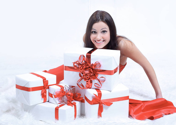 closeup. enthusiastic beautiful woman with her gift. - Foto, Imagem