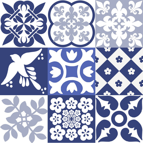 Modèle de carreaux portugais bleu - vecteur Azulejos, carreaux de design d'intérieur de mode
  - Vecteur, image