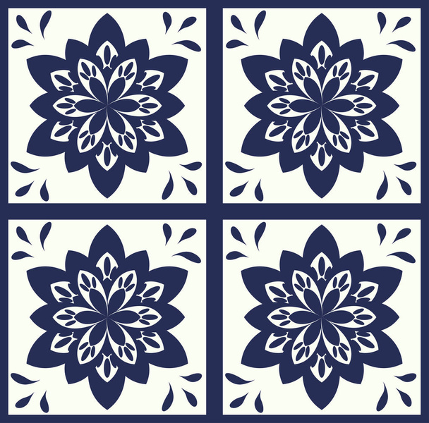 Синяя португальская плитка - Azulejos вектор, модный дизайн интерьера плитки
  - Вектор,изображение
