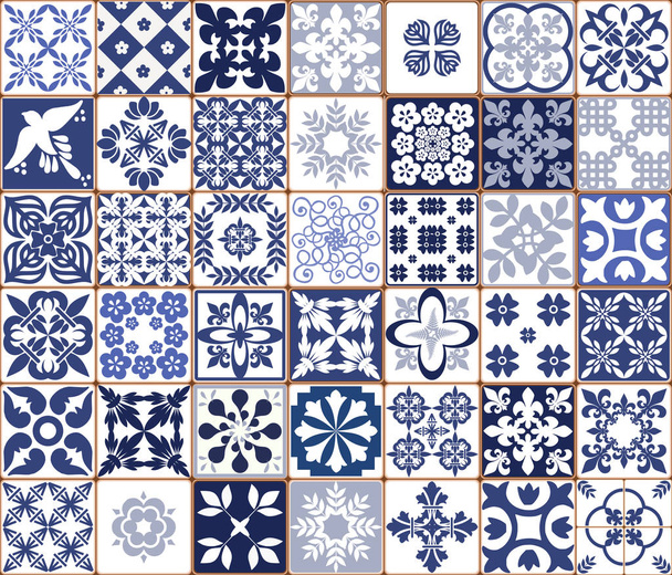 Blue Portuguese tiles pattern - Azulejos vector, fashion interior design tiles  - Vector, Image