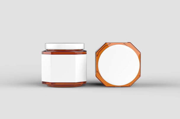 Honig im Glas-Attrappe isoliert auf weichem grauen Hintergrund mit weißem Etikett. 3D-Illustration. - Foto, Bild