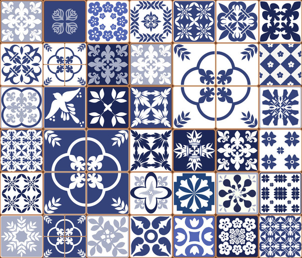 blaue portugiesische Fliesen Muster - Azulejos Vektor, Mode Innenarchitektur Fliesen  - Vektor, Bild