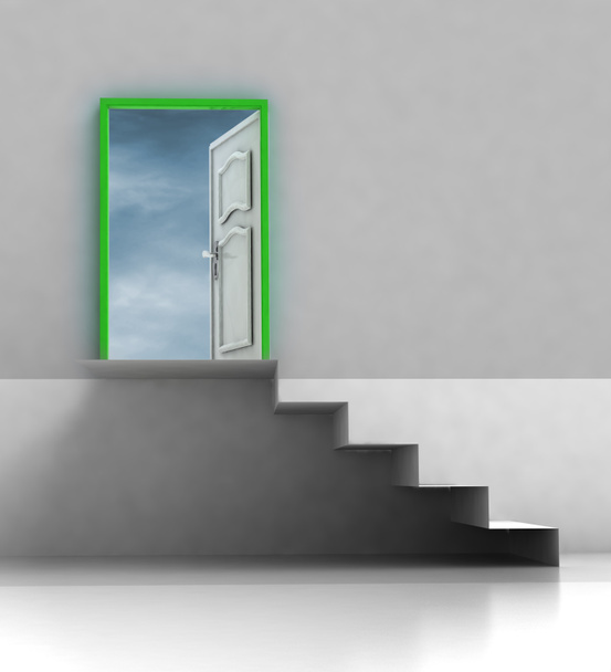 passage d'escalier avec porte encadrée verte
 - Photo, image