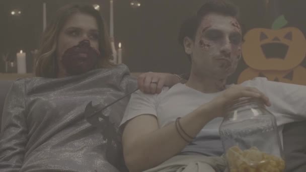 Exhausted friends resting after halloween party - Filmagem, Vídeo