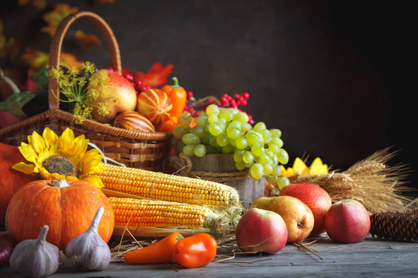 Happy Thanksgiving Day background, wooden table decorated with Pumpkins, Maize, fruits and autumn leaves. Harvest festival. Selective focus. Horizontal. Background with copy space. - Photo, image