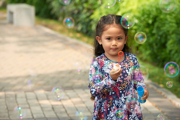 Portrait of little girl blowing soap bubbles in summer park - Fotografie, Obrázek