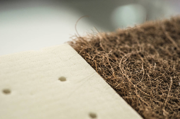 Matras met kokos vezel. Kokosnoot kokos en Nature para latex rubber. Geraspte Cocos schil voor de productie van matrassen. - Foto, afbeelding