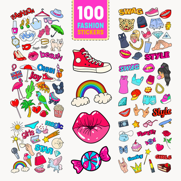 Vrouw Fashion Stickers collectie met accessoires en kleding. Meisjesachtig Badges borduren. Vectorillustratie - Vector, afbeelding