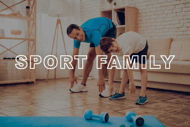 Father And Son Are Doing Gym. Sport Family. Healthy Lifestyle. Active Holiday. Exercises Clothes. Getting Better. Working Out At Home. Gym Carpet. Repeating Practice. Body Shaping. - Foto, Imagem
