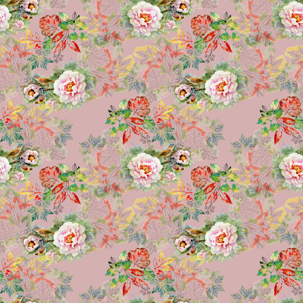 Watercolor seamless pattern with beautiful roses and  autumn leaves background - Photo, Image