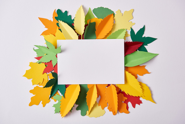 flat lay with blank paper and colorful handcrafted foliage arranged on white backdrop - Φωτογραφία, εικόνα