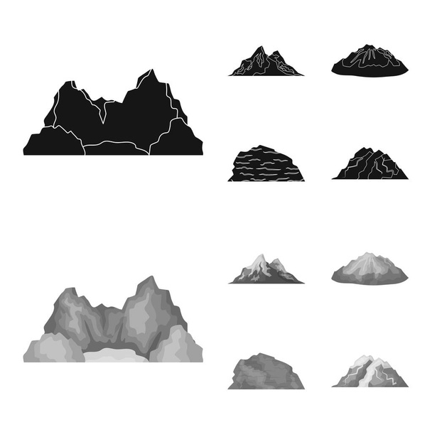 Mountains in the desert, a snowy peak, an island with a glacier, a snow-capped mountain. Different mountains set collection icons in black,monochrome style vector symbol stock illustration web. - Вектор,изображение