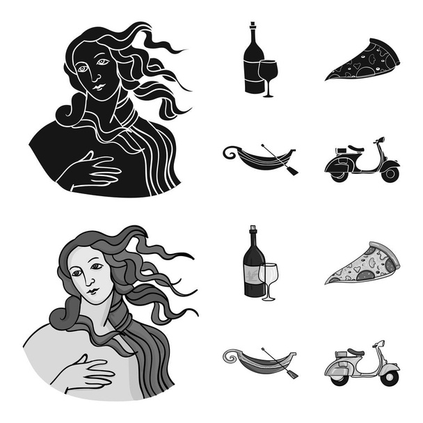 Una botella de vino, un pedazo de pizza, una gundola, un scooter. Italia conjunto de iconos de colección en negro, el estilo monocromo vector símbolo stock ilustración web
. - Vector, Imagen