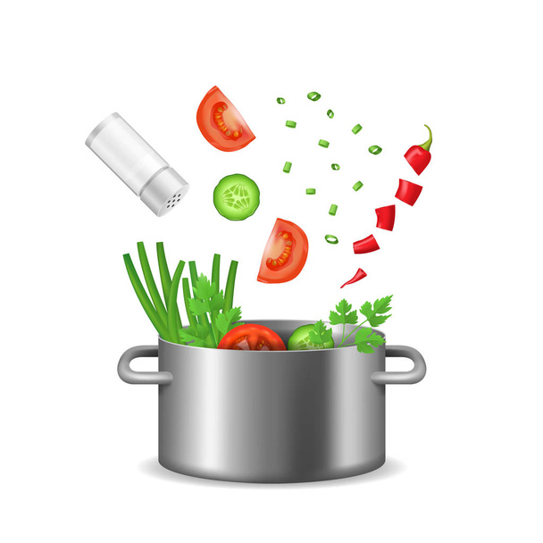Realistic Detailed 3d Food Ingredients Fly Pot. Vector - Vektor, obrázek