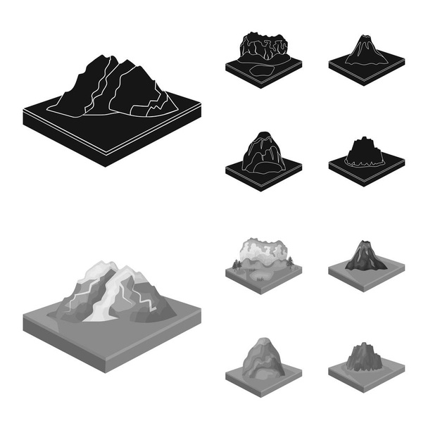 Mountains, rocks and landscape. Relief and mountains set collection icons in black,monochrome style isometric vector symbol stock illustration web. - Vektor, Bild