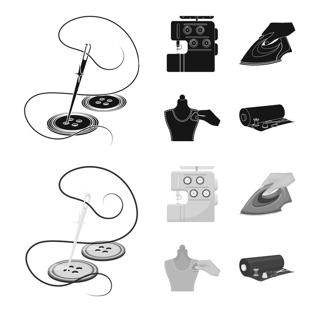 Electric sewing machine, iron for ironing, marking with chalk clothes, roll of fabric and other equipment. Sewing and equipment set collection icons in black,monochrome style vector symbol stock - Vector, imagen