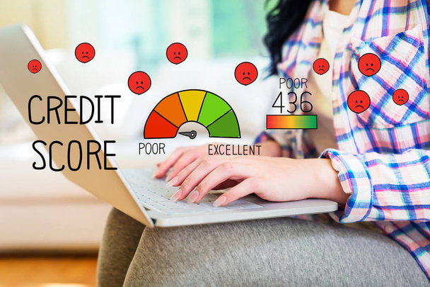 Poor Credit Score with woman using a laptop - Zdjęcie, obraz