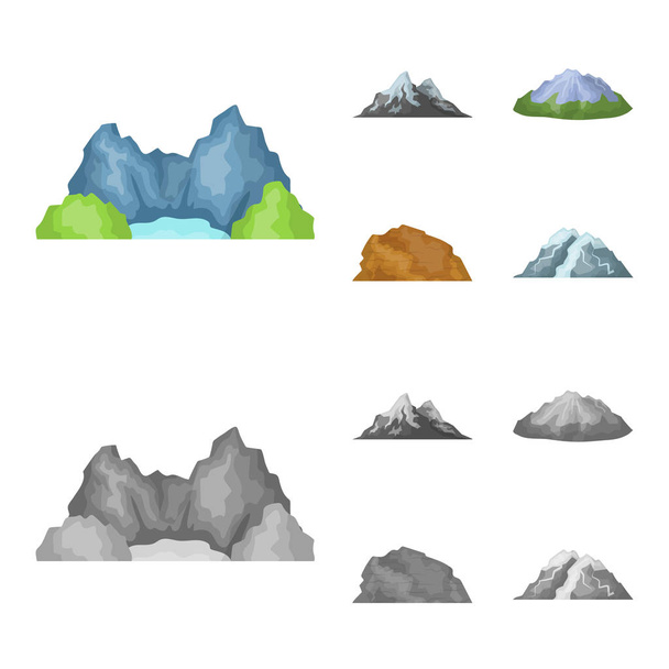 Mountains in the desert, a snowy peak, an island with a glacier, a snow-capped mountain. Different mountains set collection icons in cartoon,monochrome style vector symbol stock illustration web. - Vector, Image