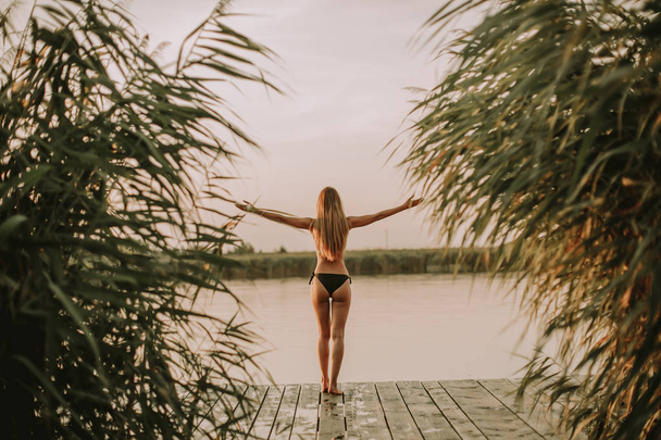 Widok z tyłu o młodej kobiety w bikini na drewnianym molo nad rzeką - Zdjęcie, obraz