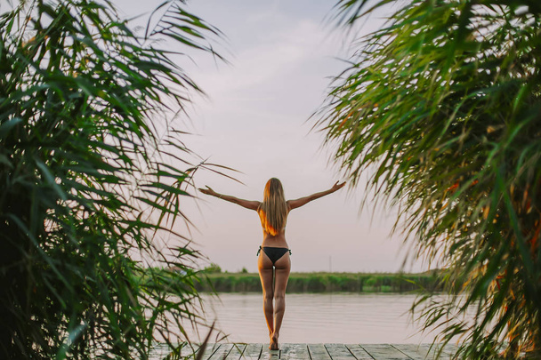 Вид сзади на молодую женщину в бикини на деревянном пирсе у реки
 - Фото, изображение