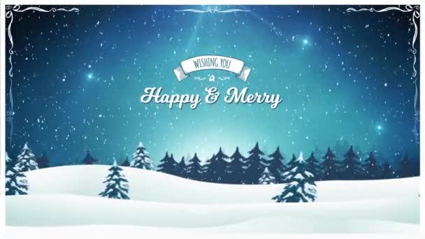 Εκλεκτής ποιότητας φόντο χριστουγεννιάτικο τοπίο / Animation του μια όμορφη καρτ ποστάλ Χριστούγεννα με ιστορικό τοπίο, έλατα, χιόνι και κομψό πανό για διακοπές χειμώνα και το νέο έτος - Πλάνα, βίντεο