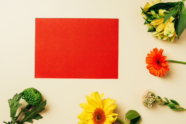 top view of empty red banner and arranged flowers on beige backdrop - Fotografie, Obrázek