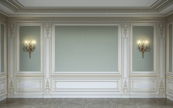  intérieur lassique aux couleurs olive avec panneaux muraux et appliques en bois. Rendu 3d
. - Photo, image
