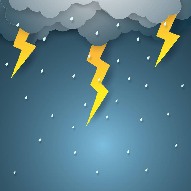 Vector illustration rain with thunderbolt , paper art style - Vector, Image