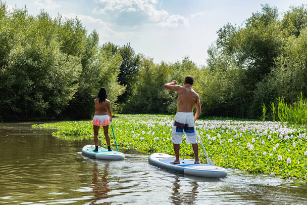 Man and woman stand up paddleboarding on lake. Young couple are doing watersport on lake. Male and female tourists during summer vacation. - Fotó, kép