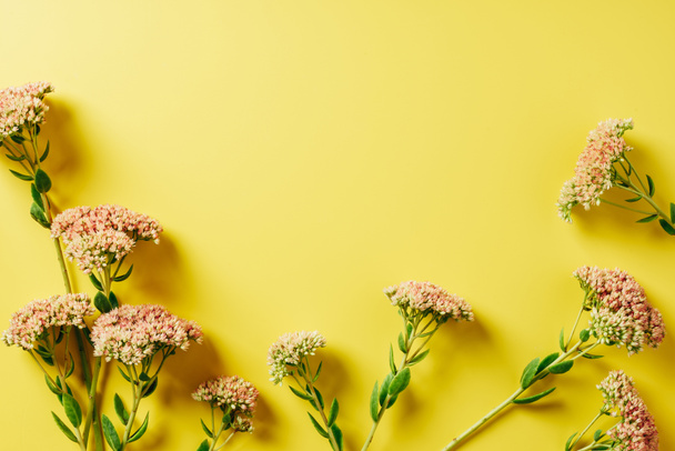 flat lay with beautiful wildflowers arrangement on yellow background - Foto, imagen