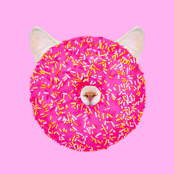 Donut Cat. Donut vibes. Contemporary art collage. Funny Fast food project - Photo, image