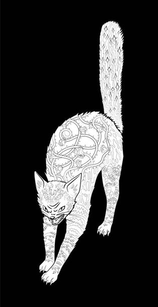 Adult antistress coloring page with Halloween symbol. Black white tracery doodle of the cat for art therapy. Sketch for tattoo, poster, print, t-shirt in zentangle style. Vector - Vector, Image