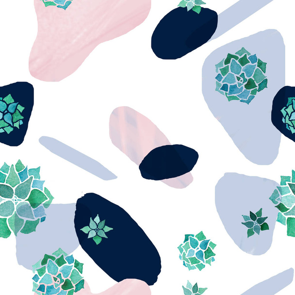 Abstract minimalist seamless pattern. Pastel rose, blue and black stains with watercolor echeveria plants on white background - Photo, Image