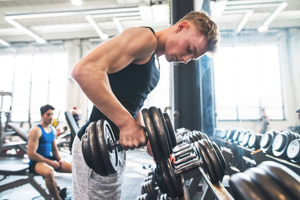 Young fit men in gym exercising with dumbbells. - Foto, afbeelding