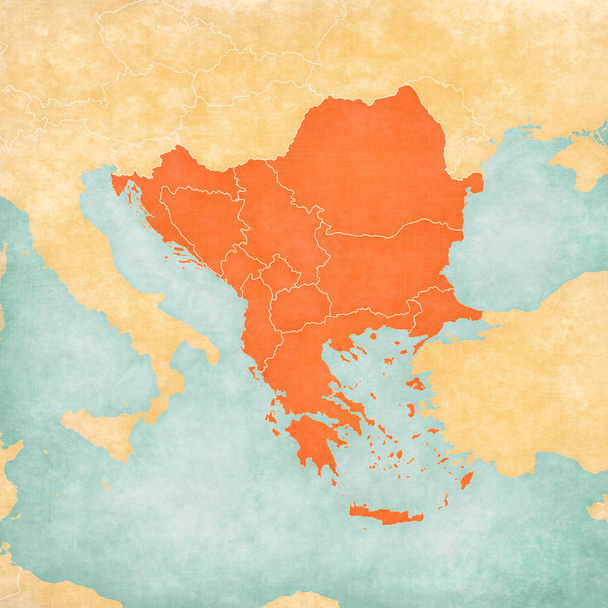 Mapa con los países de los Balcanes en grunge suave y estilo vintage, como el papel viejo con pintura de acuarela
. - Foto, Imagen