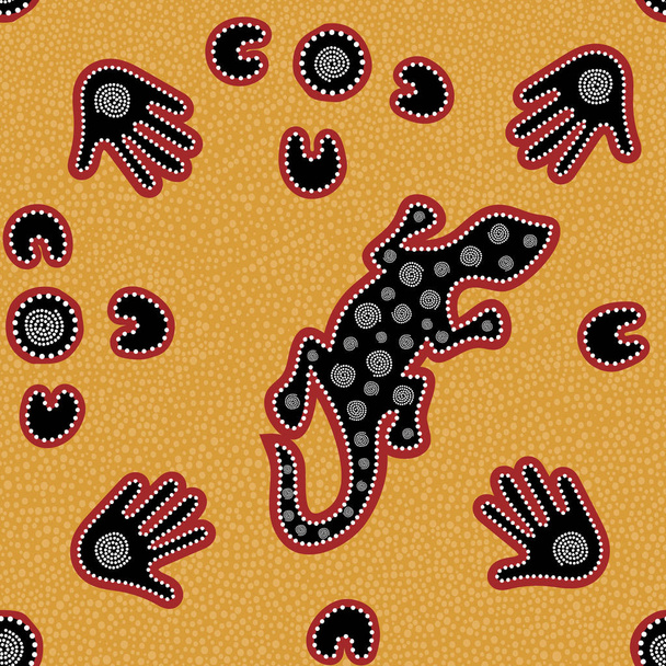 Modello vettoriale aborigeno australiano senza soluzione di continuità con cerchi punteggiati colorati, lucertola, palme, boomerang e spirale su sfondo punteggiato o texture
 - Vettoriali, immagini