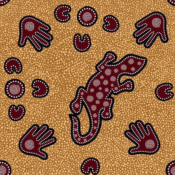 Patrón vectorial aborigen australiano sin costuras con círculos punteados coloridos, lagarto, palmas, bumeranes y espiral sobre fondo punteado o textura
 - Vector, imagen